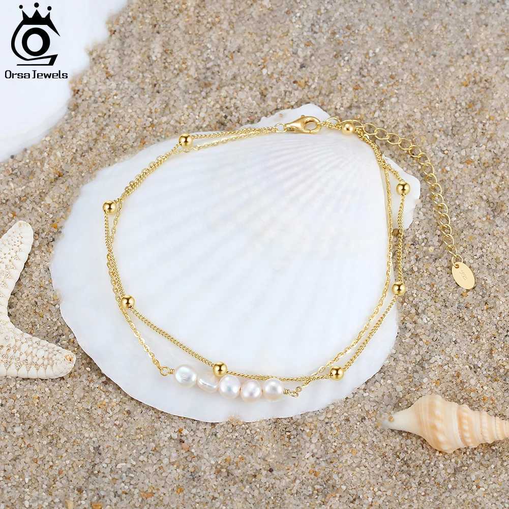 ORSA JEWELS Layered Natural Pearl Chain Anklet for Women Girl 925 Silver Fashion Summer Beach Foot Anklets Jewelry SA50 Y250805