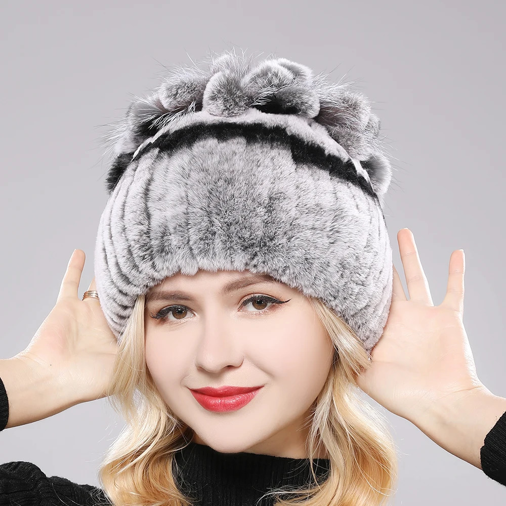 Russia Winter Warm Real Fur Beanies Hat Women Real Natural Rex Rabbit Hat Good Elastic Knitted Rex Rabbit Fur Caps 250806