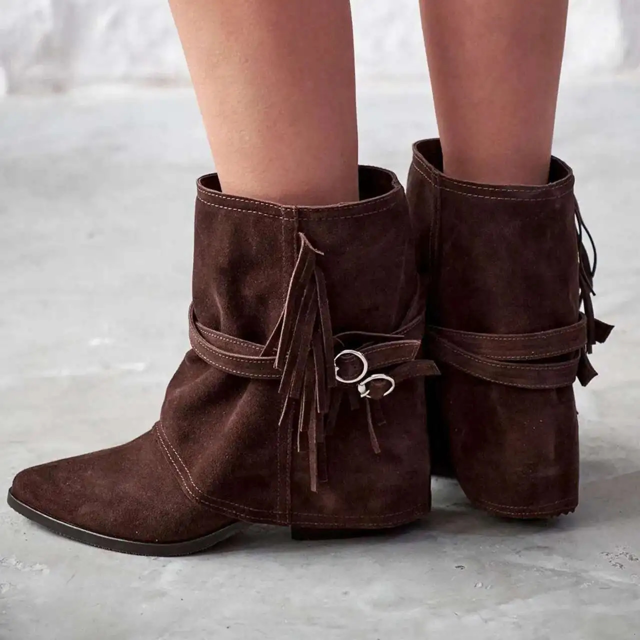 Suede Tassel Western Boots High Heels Womens Short Boots 250805