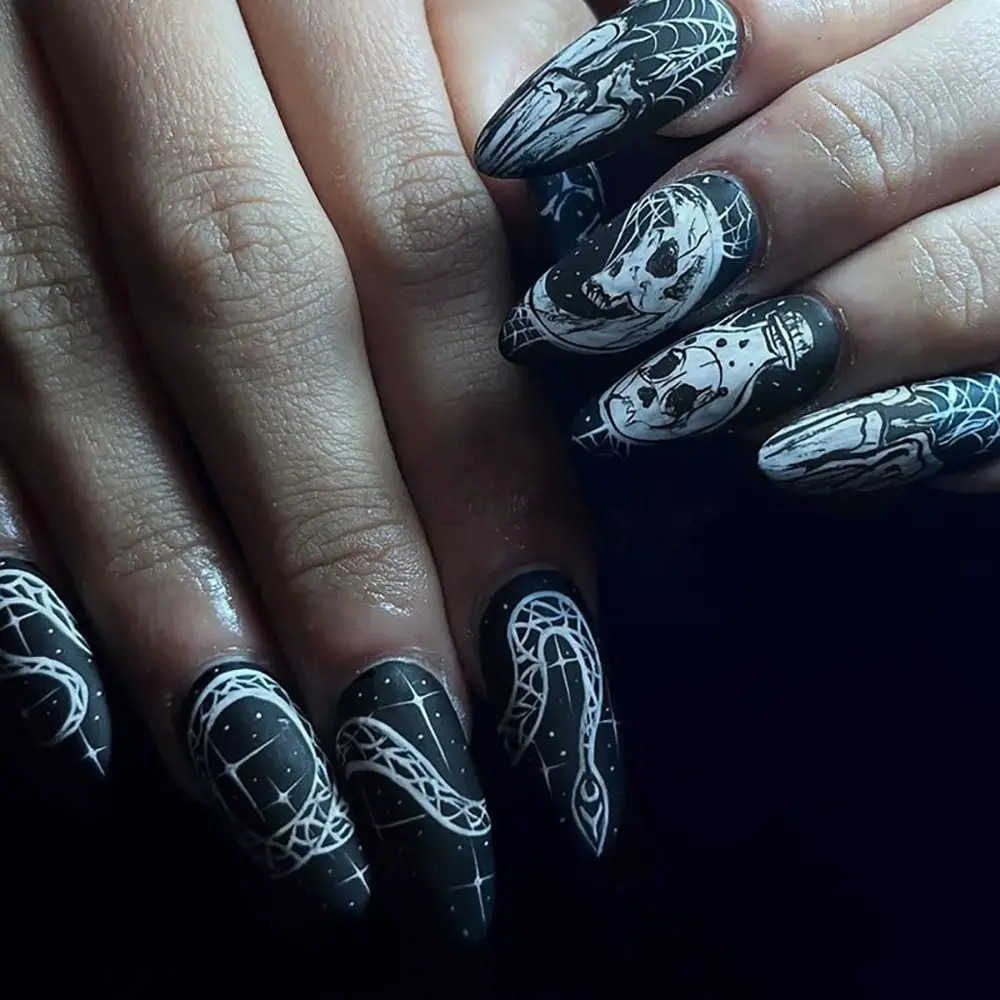 24pcs Full Cover Halloween Skull Fake Nails Detachable Wearable Press on Nails Long Length Frosted False Nails for Women and Girls Z250807