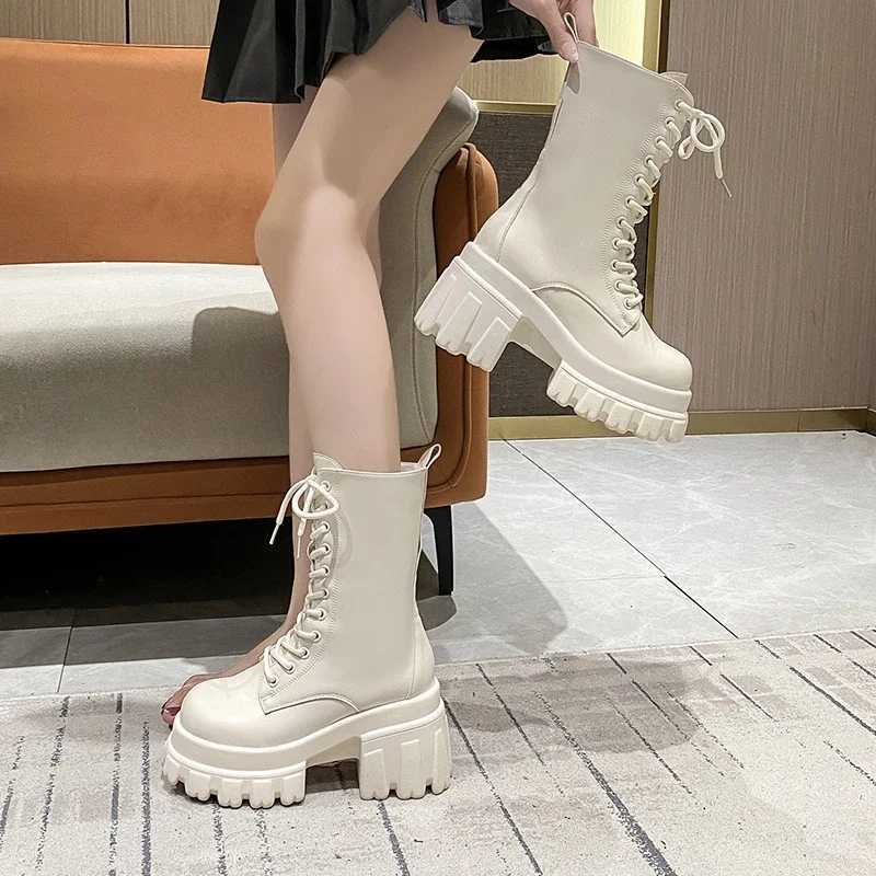9CM Chunky Platform Ankle Boots Women 2024 New Autumn Winter Motorcycle Boots Women Thick Bottom Non-Slip Leather Combat Boots XJ250807