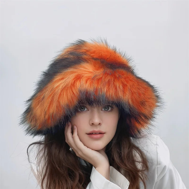 Winter Warm Plush Bucket Hat Women Oversize Earflaps Fluffy Faux Fur Hats Fashion Furry Raccoon Fur Cotton Hat Solid Color Hats 250806