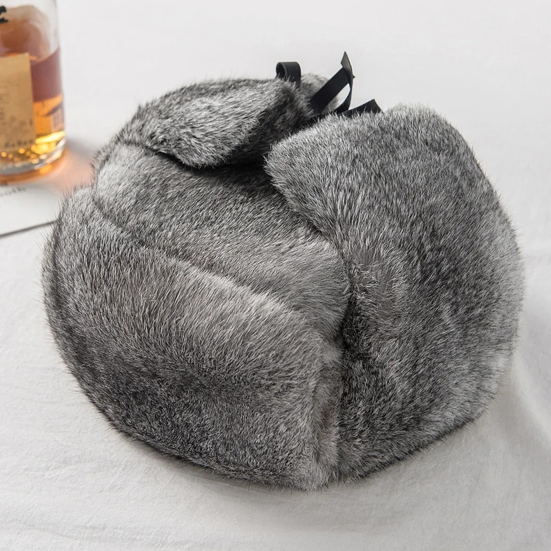 Rabbit Fur Cap Man Winter Genuine 100% Fur Bomber Hat Windproof Warm Earmuffs Male Flat GreyBlack Russian Hat Fitted Casquette 250806