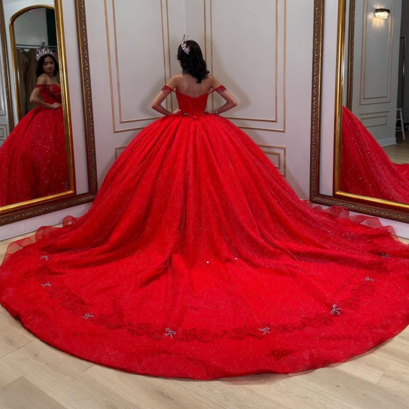 Red Shiny Quinceanera Dresses Ball Gown Off The Shoulder Applique Beading Tull Party Birthday Sweet 16 Dress Vestidos De 15 Anos