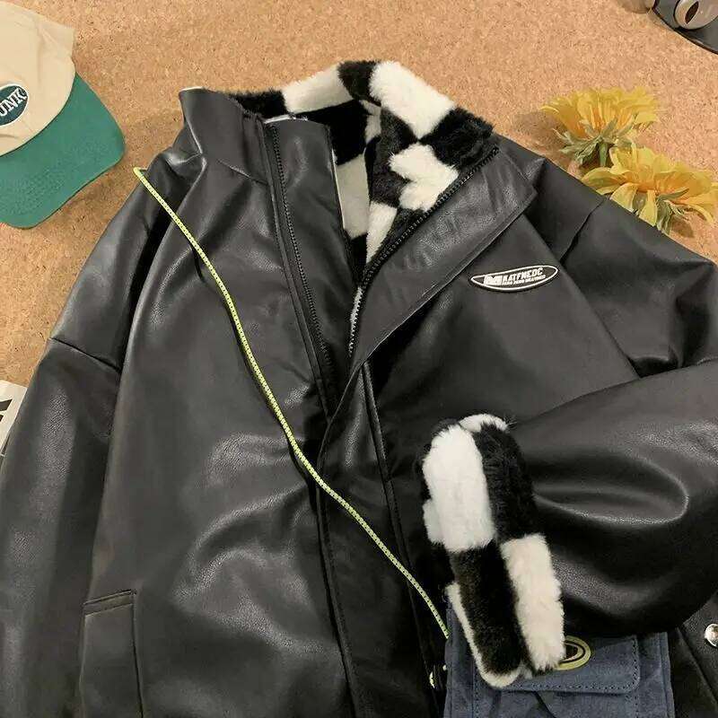 Designer Clothing 2025 Gmiixder Women Winter New Plaid Parkas Korean Loose Thickened Veet Letter Print PU Coat Double-Sided Checkerboard Plush Jacket