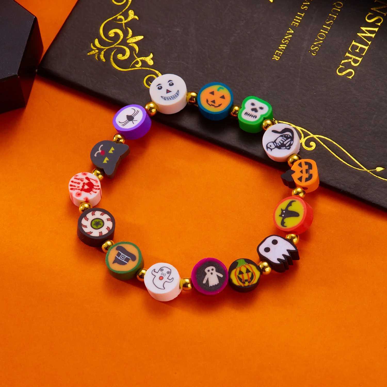 Halloween Cute Cartoon Pumpkin Ghost Skull Beaded Bracelet for Women Men Kids Resin Charm Jewelry Festival Family Gift W250807