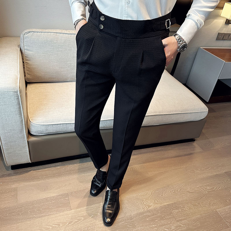 Top Brand Men Fashion Pantalones Hombre High Waist Waffle Business Casual Suit Pants Male Clothing Slim Fit Formal Wear Trousers
