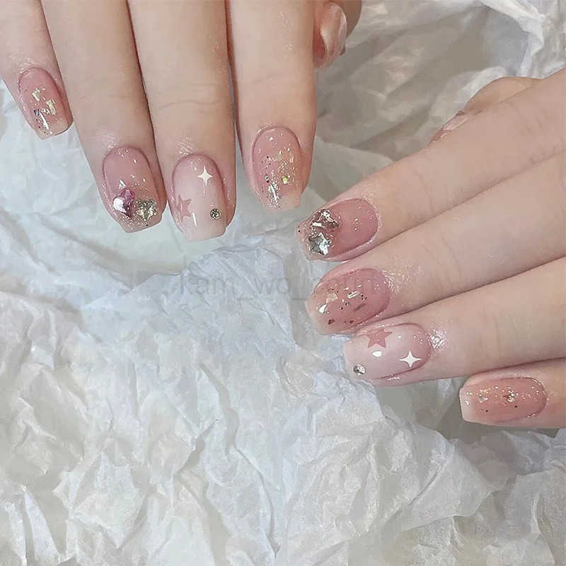 24Pcs Glitter Diamond Press On Nails Sweet Cute Girl Acrylic Nails Full Cover Short Square Fake Nails Wearable Manicure Nail Tips M250807