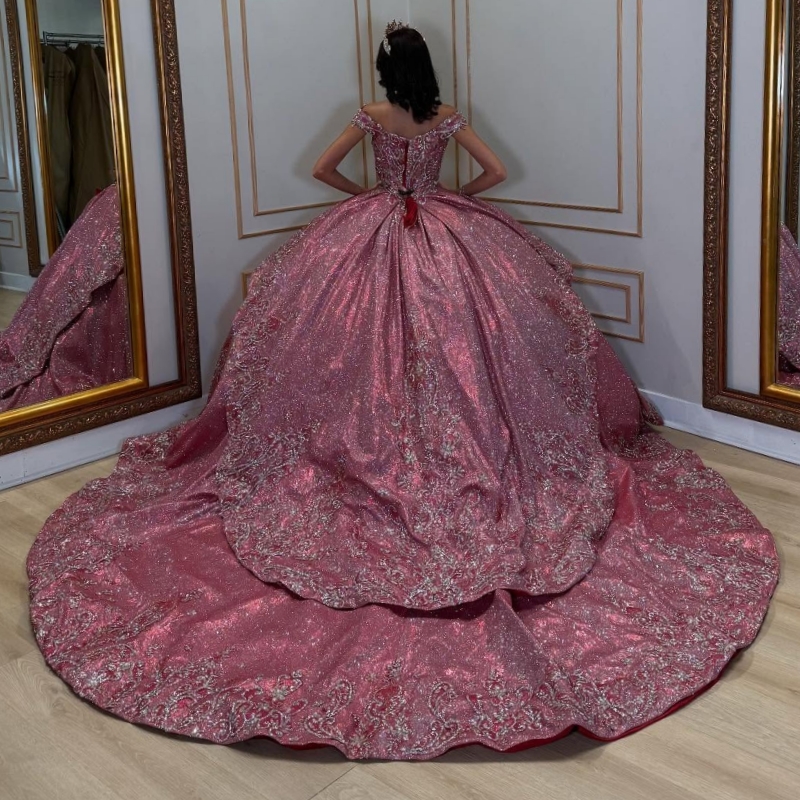 Rose Red Shiny Quinceanera Dresses Off The Shoulder Sequin Applique Beads Tull Ball Gown Vestidos De 15 Anos Sweet 16 Dress