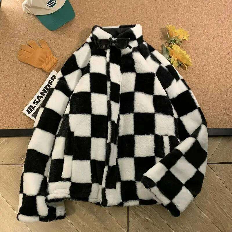 Designer Clothing 2025 Gmiixder Women Winter New Plaid Parkas Korean Loose Thickened Veet Letter Print PU Coat Double-Sided Checkerboard Plush Jacket