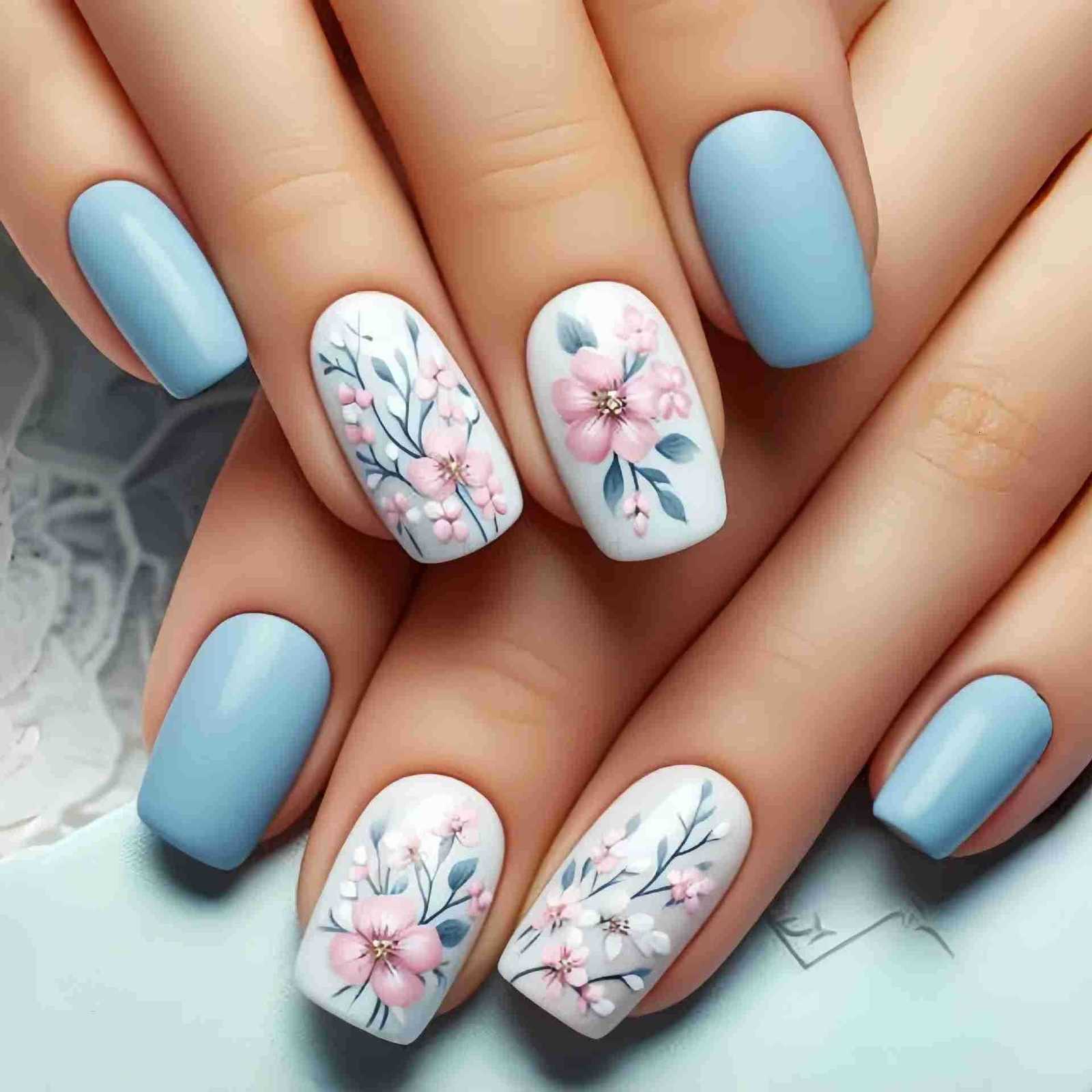 24pcs/set Short Medium Fake Nails for Spring Summer Beautiful Colorful Flowers Bees Faux Nails Tips Press on False Nail Art M250807