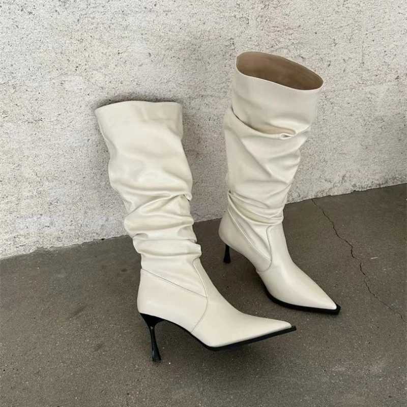 2024 Sharp Pointed Womens Shoes Hot Sell Long Tube Pleated Womens Boots Look Slim Sexy Trendy High Heeled Boots XJ250807