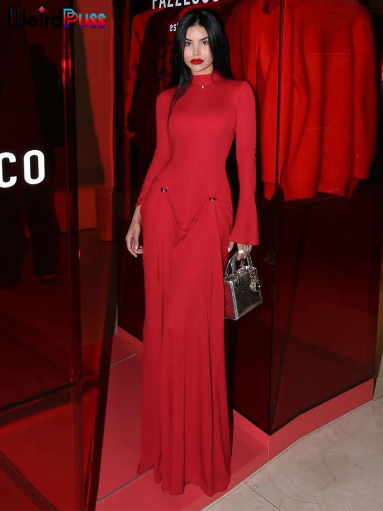 Weird Puss Rings Patchwork Dress Women Half High Collar Full Sleeve Loose Hem Prom Banquet Party Classic Bright Red Long Bodycon 250804
