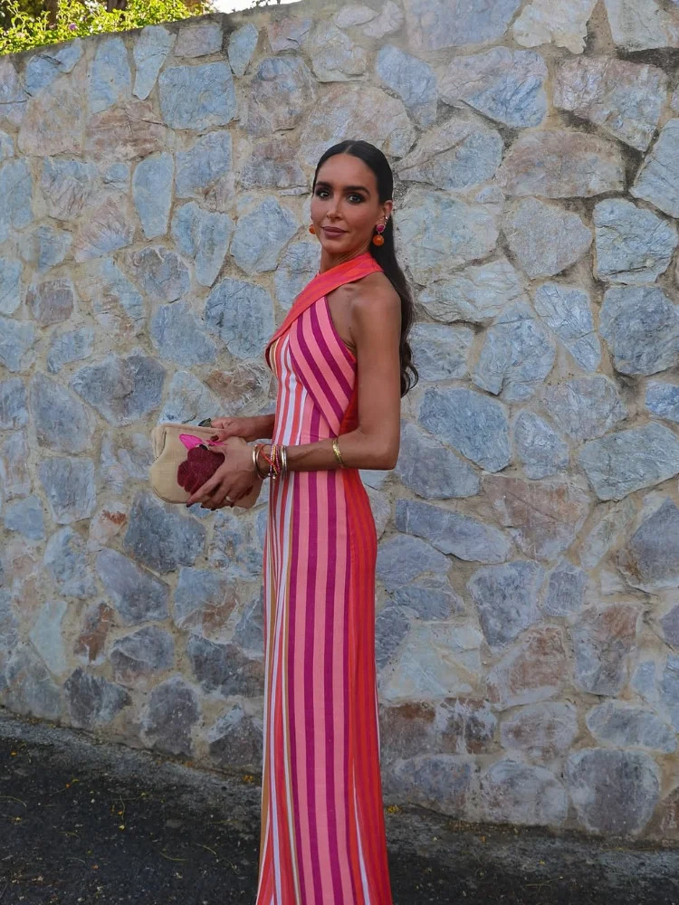 Contrast Color Stripe Sleeveless Halter Dress Summer Women Backless Lace Up Slim Long Dresses Lady Highstreet Party Robes 250728