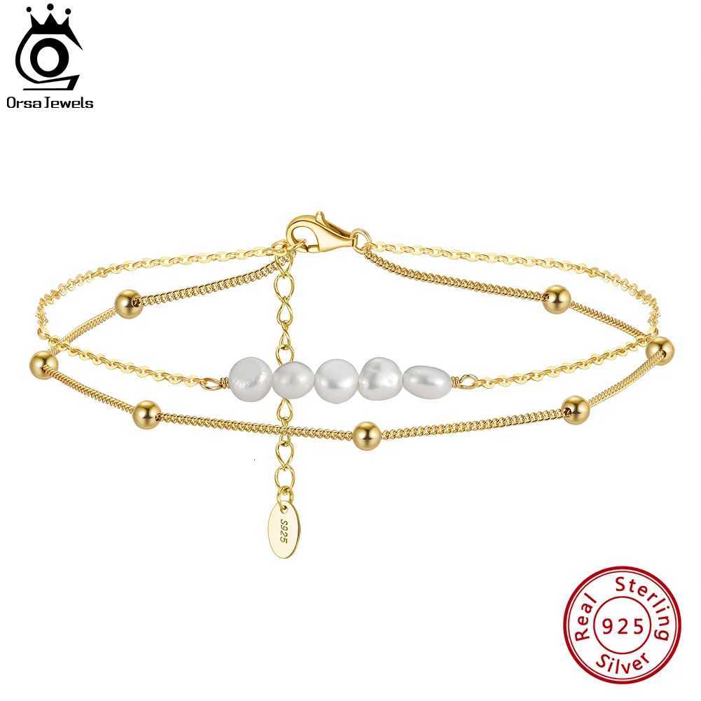 ORSA JEWELS Layered Natural Pearl Chain Anklet for Women Girl 925 Silver Fashion Summer Beach Foot Anklets Jewelry SA50 Y250805