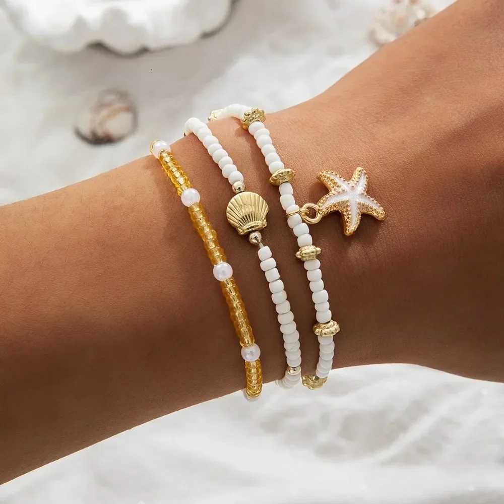 3PCS Bohemian Rice Beads Starfish Pendant Anklet Set Fashion Summer Beach Sea Shell Multilayer Ankle On Foot Jewelry Y250805