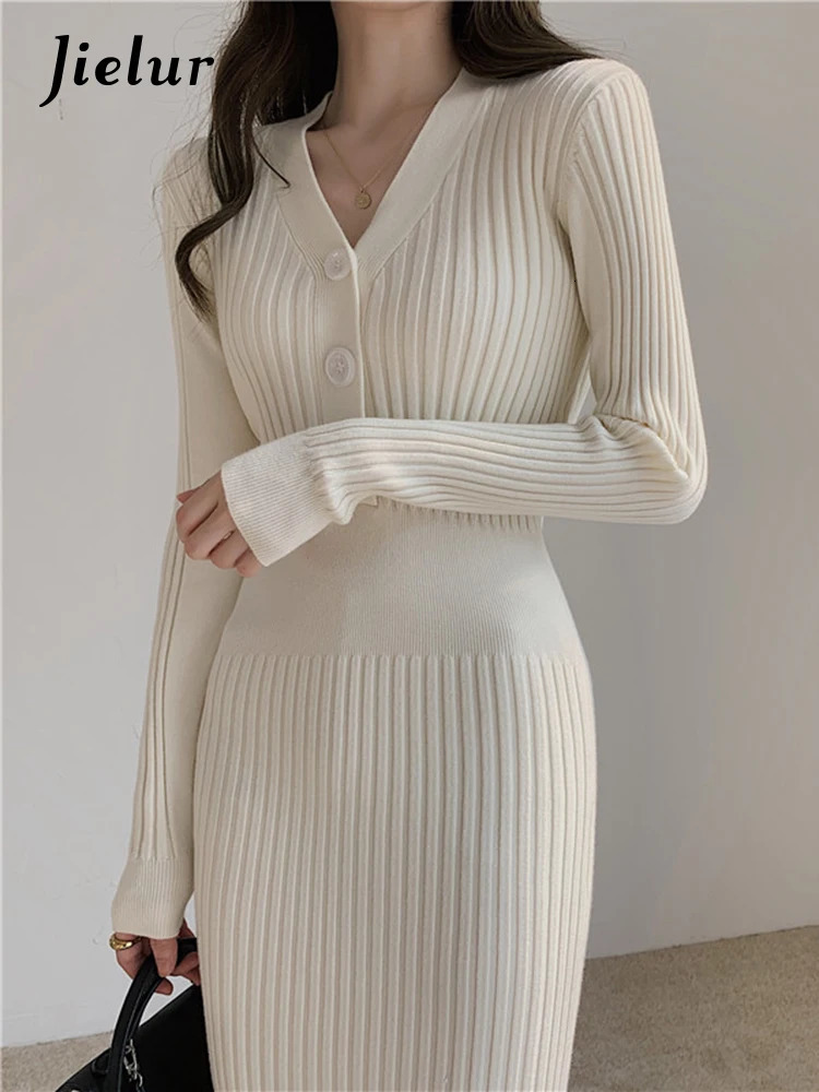 Jielur Vintage Knitted Long Sleeve Dresses Women Slim Bodycon Korean Elegant Dress Lady Winter Buttons V Neck Sweater Midi Dress 250806