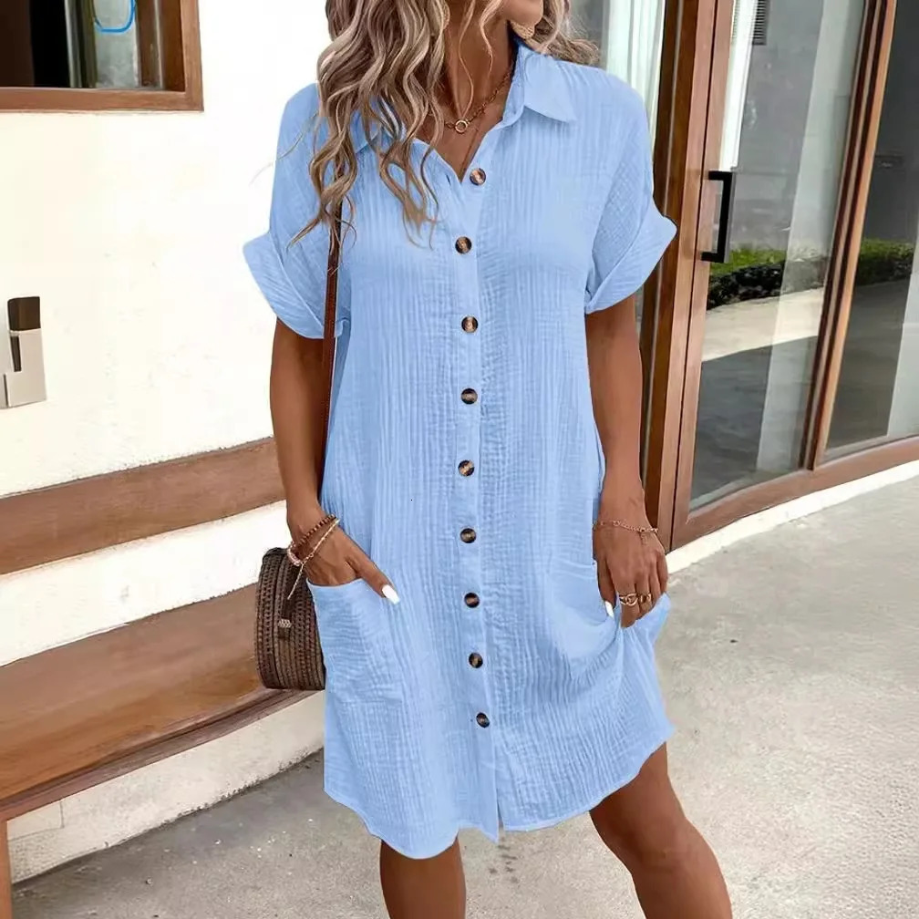 Fashionable Spring/Summer Minimalist V-neck Button Dress Elegant Womens Yellow Short Sleeved Flip Collar Pocket Shirt Dress 250806