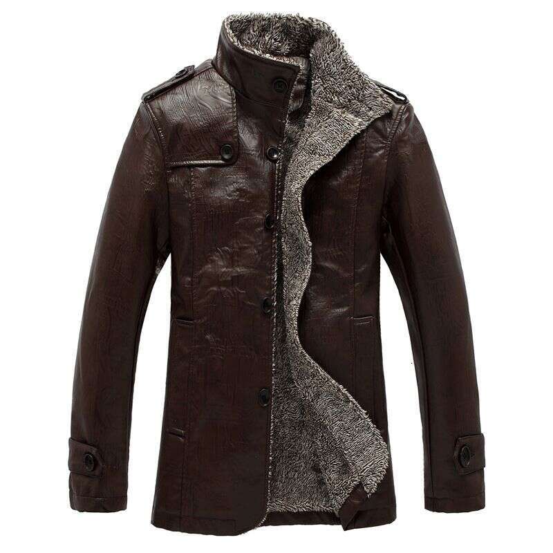 Men's Clothing Large Size Casual Fashion PU Leather Coat Stand Fur Collar Plus Veet Thickening