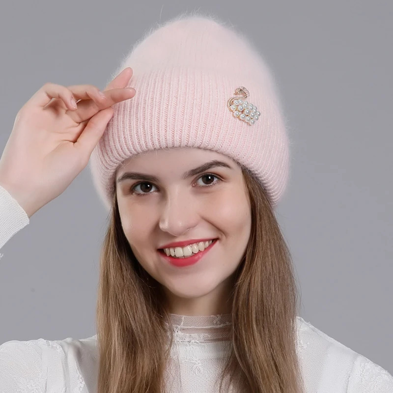 CNTANG Real Rabbit Fur Hat Winter Warm Beanies For Women Fashion Cute With Decorate Rhinestone Cap Female Casual Knitted Hats 250806