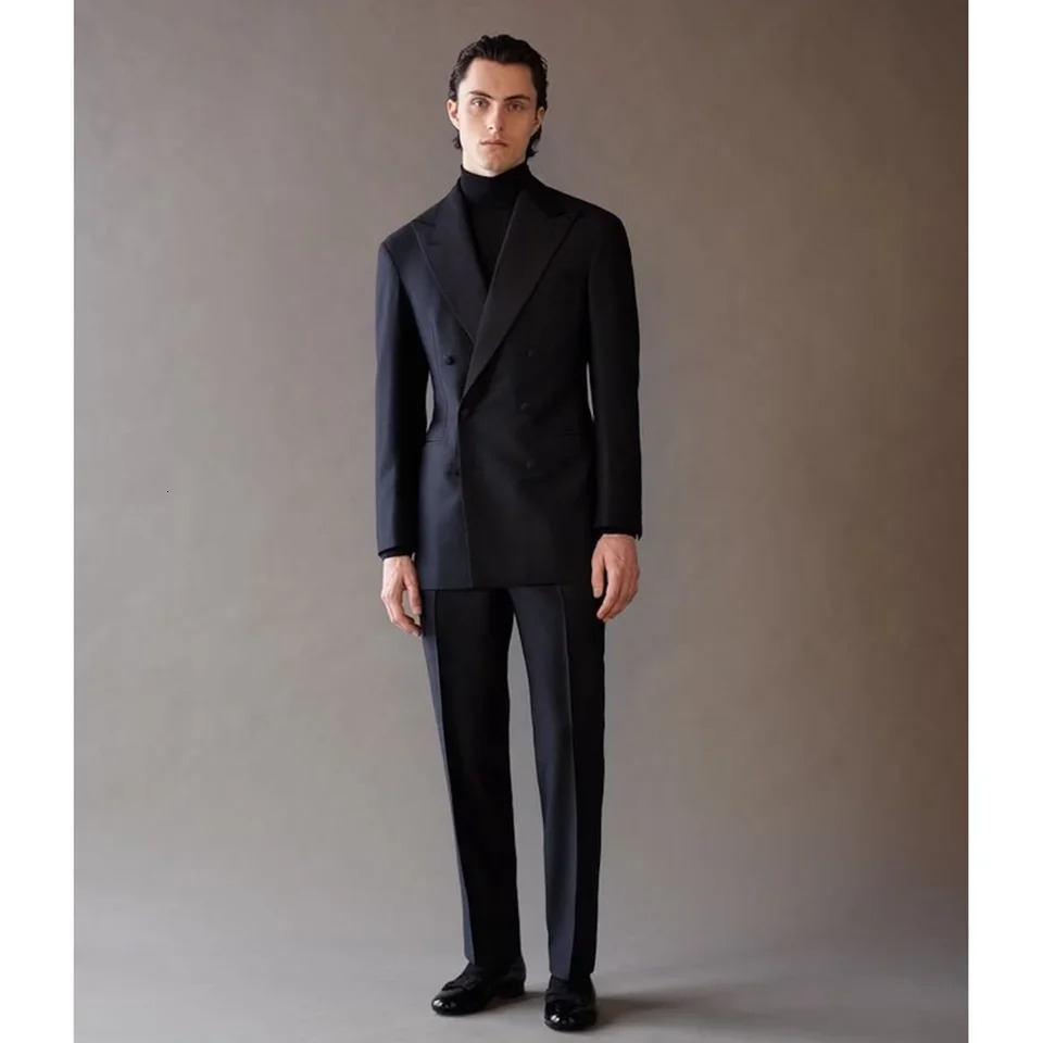 Fashion Lapel Double Breasted Men Suits Navy Blue Chic Groom Wedding Party Tuxedo Formal Business Casual Office Male Suit 250807