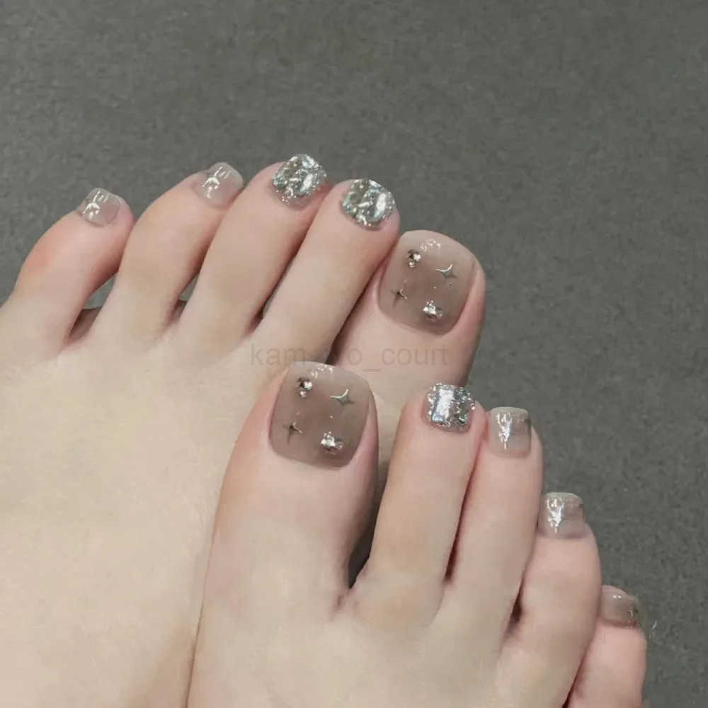 24Pcs Glitter Press-on Nails Butterfly Designs Short Square Fake Nails for Foot Decorations Women Summer Beach DIY False Nails M250807