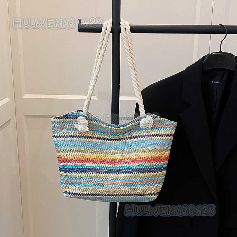Summer Striped Straw Bag for Women 2025 New Trendy Fashion Large Capacity Commuter Shoulder Bag Color Block Tote Bag H250806