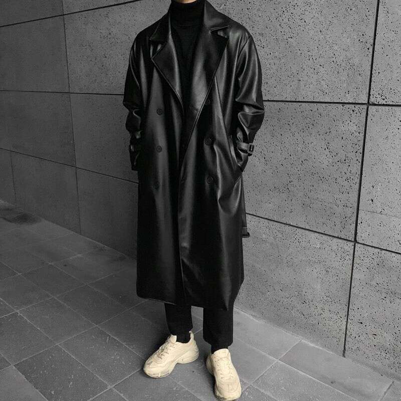 Men's Clothing Solid Color Long Leather Loose Trench Fashion Coat
