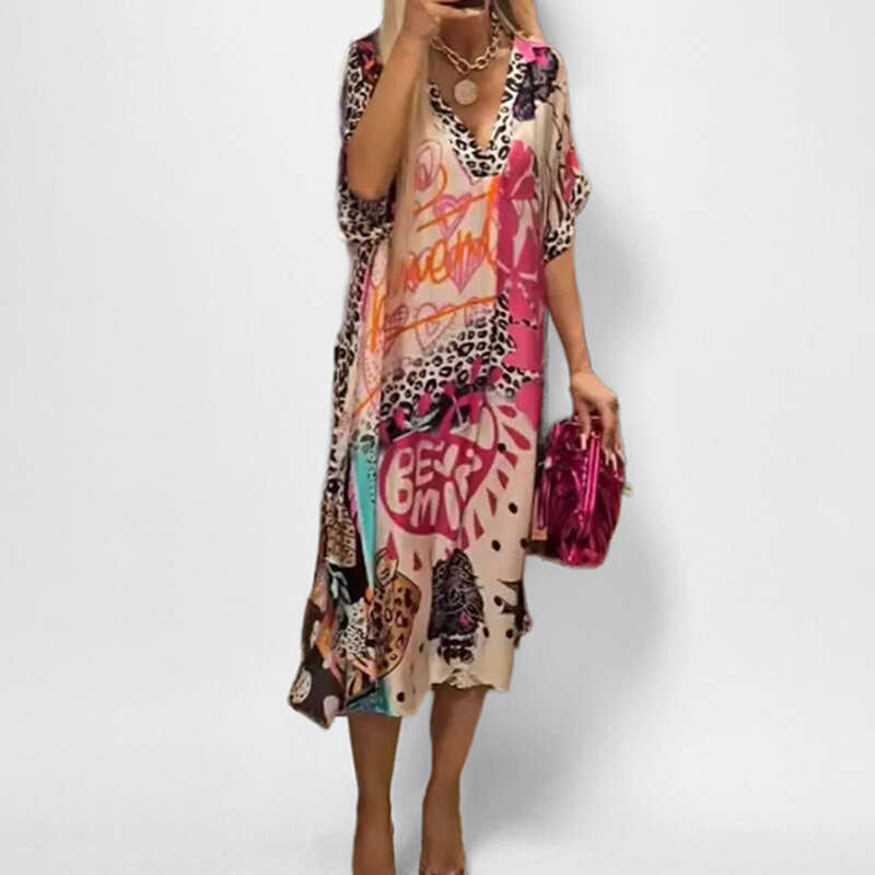 Women's Fashion Casual Leopard Print Colorful Floral Deep V-Neck Five-Sleeve Dress B5 h7