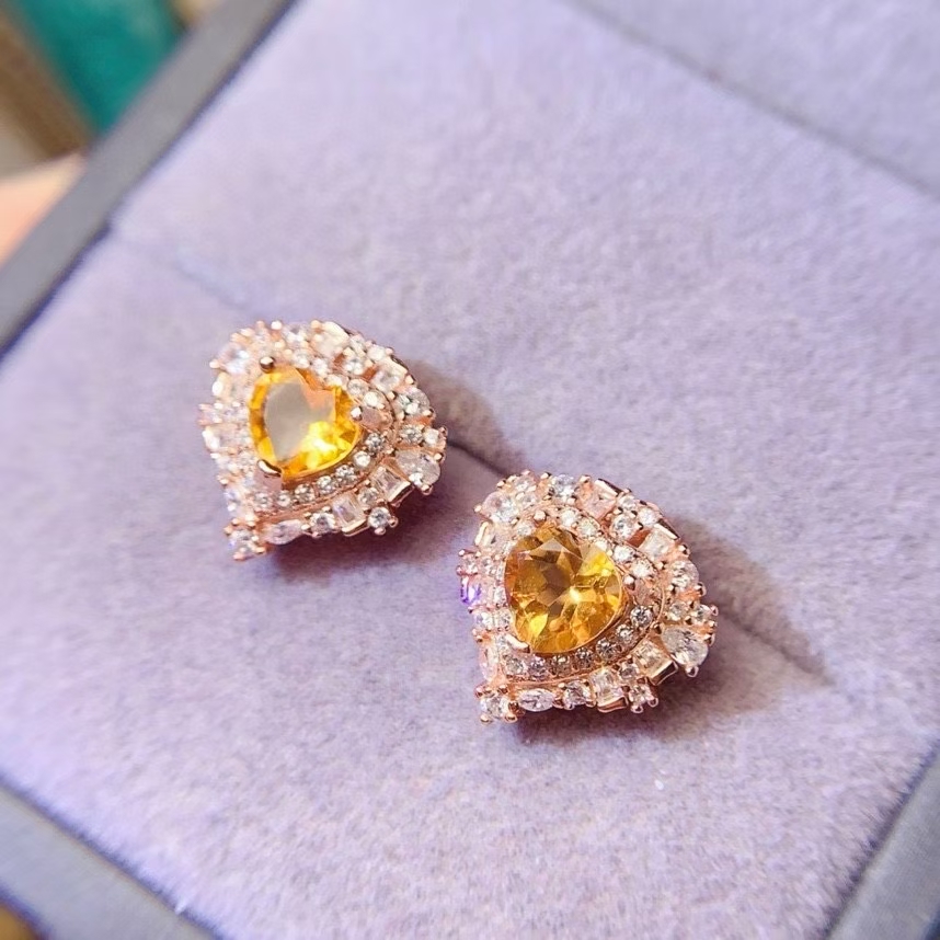 Cute 925 silver heart gemstone studs earrings 6mm VVS grade natural citrine stud earrings allergy free 18K gold plated yellow crystal silver jewelry