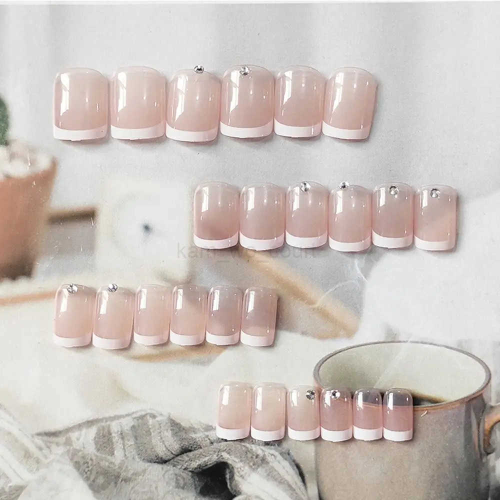 24pcs French White Side False Nails Wearable Rhinestone Design Fake Nails Short Simple Full Cover Nail Tips Press On Nails M250807
