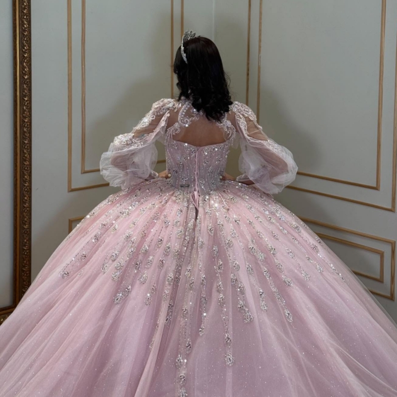 Pink Shiny Quinceanera Dresses Off The Shoulder Beading Crystal Tull Puff Sleeve Ball Gown Vestidos De 15 Anos Sweet 16 Dress