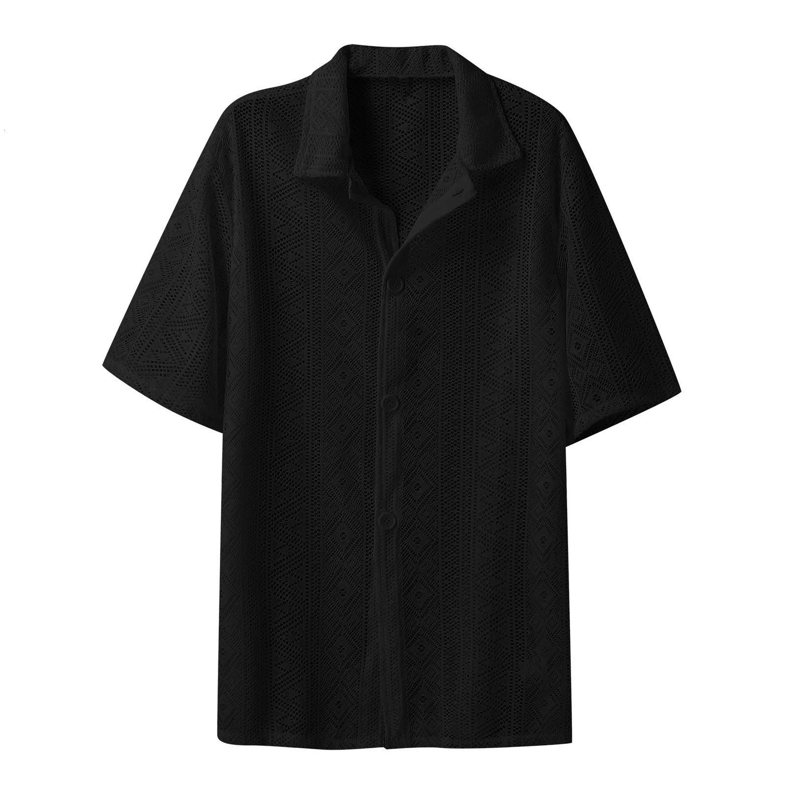 Summer Mens Clothing Mesh See Through Sexy Shirt Short Sleeve Fishnet Buttondown Retro Chic Streetwear Party Blouse S5XL 250807