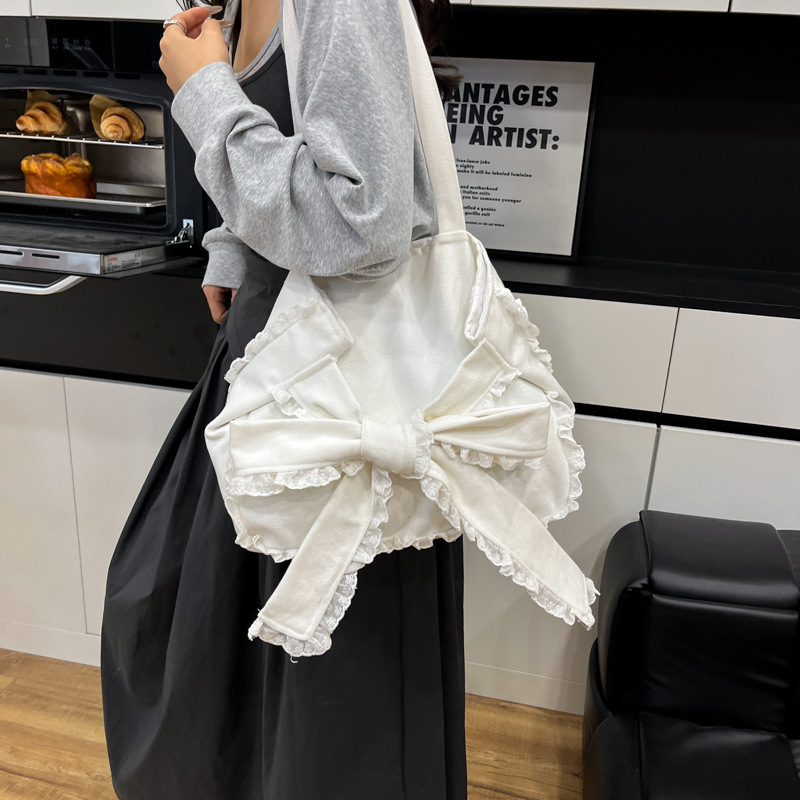 Free shipping designer Trendy Loose Canvas Tote Bag for Women Korean Style Large Capacity Lace Trim Bow Shoulder Bag Underarm Bag