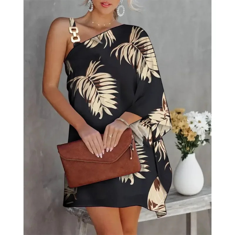 Summer Womens S2XL Size Dress One Line Diagonal Neck Off Shoulder Solid Color and Printed Metal Strap Bat Sleeve 250728