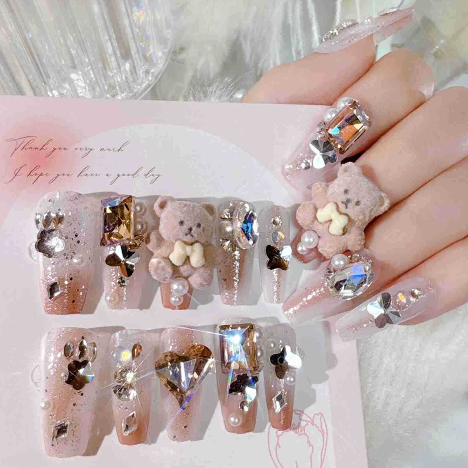 24pcs Sweet Cute Bow False Nails with Pink Crystal Design Korean Fake Nail Tips for Girls Ladies Wearable Full Cover Press on Nails Z250807