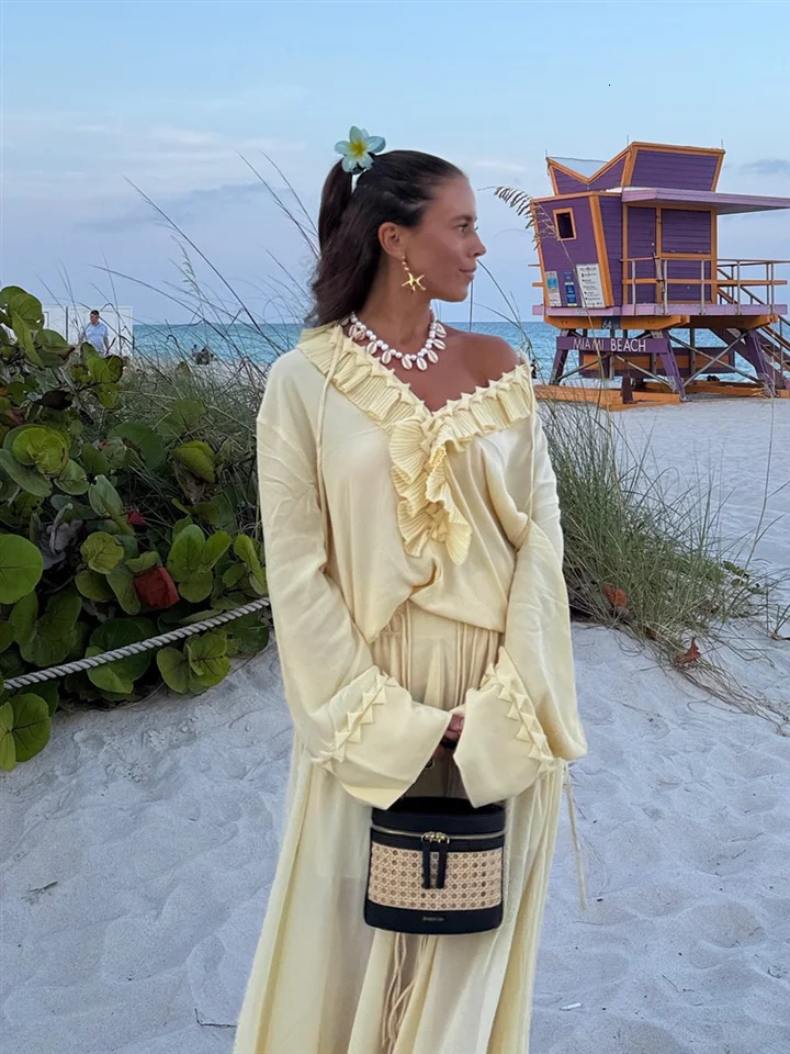 V-Neck Lace Up Solid Color Shirt Woman Casual Set Pleated Loose Waist Cinching Skirt Chic Elegant Versatile Baggy Womens Suits 250804