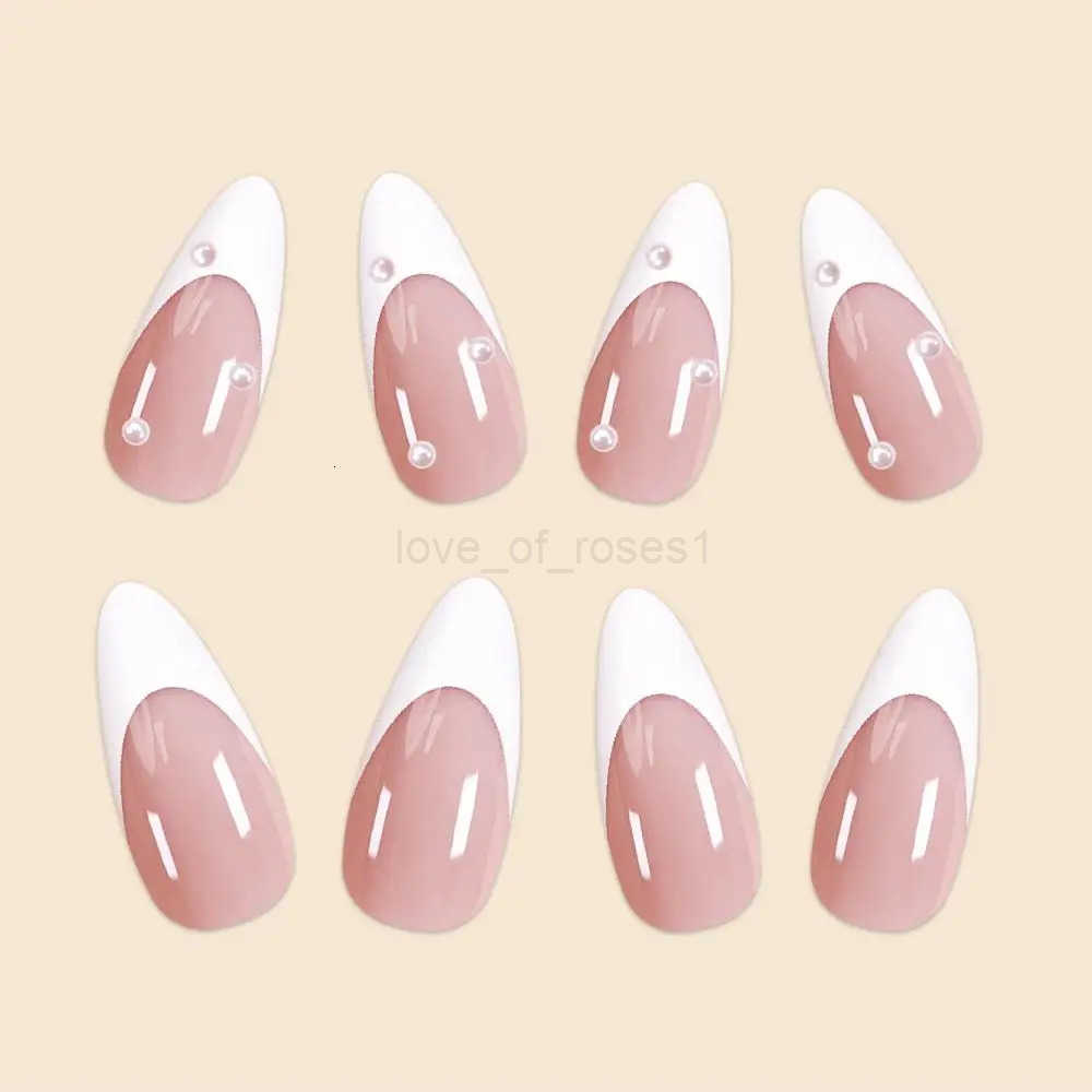 Girls Women 24Pcs/Set Middle Size Water Drop Shaped French White Edged Pearl Decorative Full Coverage Fake Nails Z250807