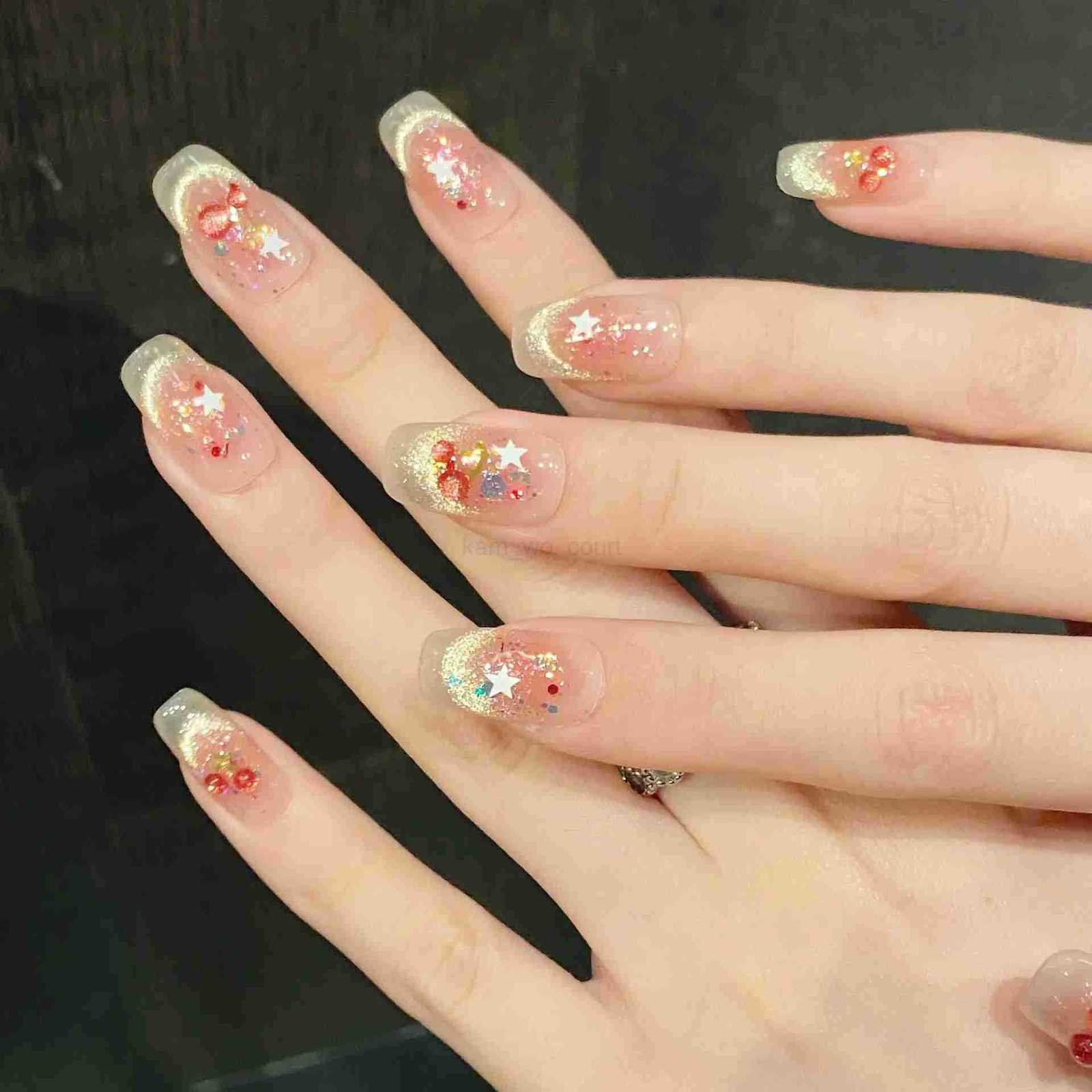 10pcs Sweet Cherry Press On Nails For Women Girls Shiny Smile Cats Eye Y2k Star Handmade Fake Nails Gentle Blush False Nails M250807