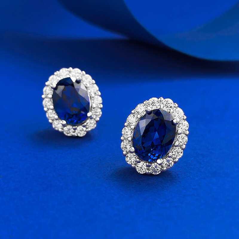 Mujing Jewelry S Sier Pigeon Blood Red 6*8mm Oval Blue Corundum Stud Fashionable Daily Versatile Earrings
