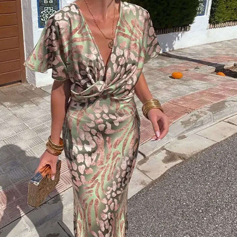 Women's Fashion Twisted Print Sexy V-Neck Mid-Length Dress B5 h7