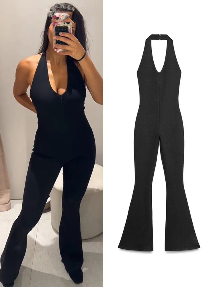Fashion Halter Neck Flare Jumpsuit For Women Elegant Backless Sleeveless Slim Fit Stretch One Piece Romper Street Chic Bodysuits 250807