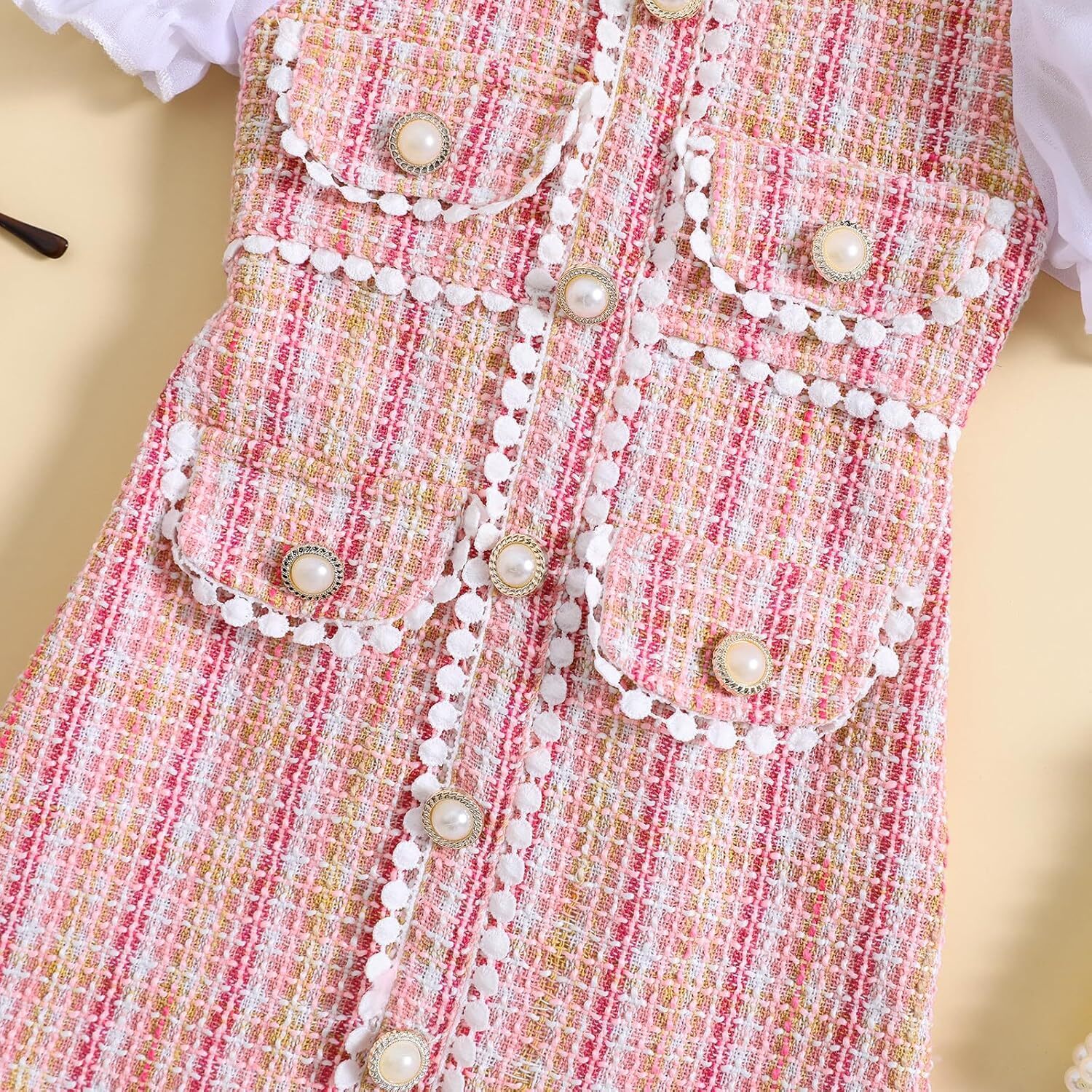 Toddler Baby Girls Tweed Plaid Dress Square Neck Puff Short Sleeve Fake Pockets Elegant Party Clothes