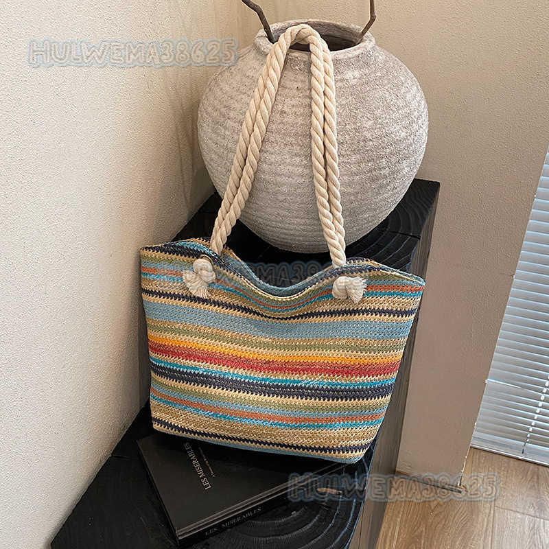 Summer Striped Straw Bag for Women 2025 New Trendy Fashion Large Capacity Commuter Shoulder Bag Color Block Tote Bag H250806