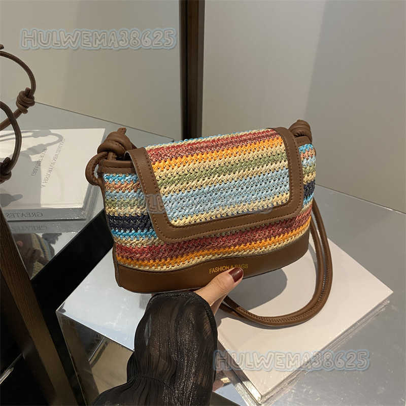 2024 Rainbow Straw Small Bag for Women New Trendy Summer Fashion Woven Shoulder Crossbody Bucket Bag H250806