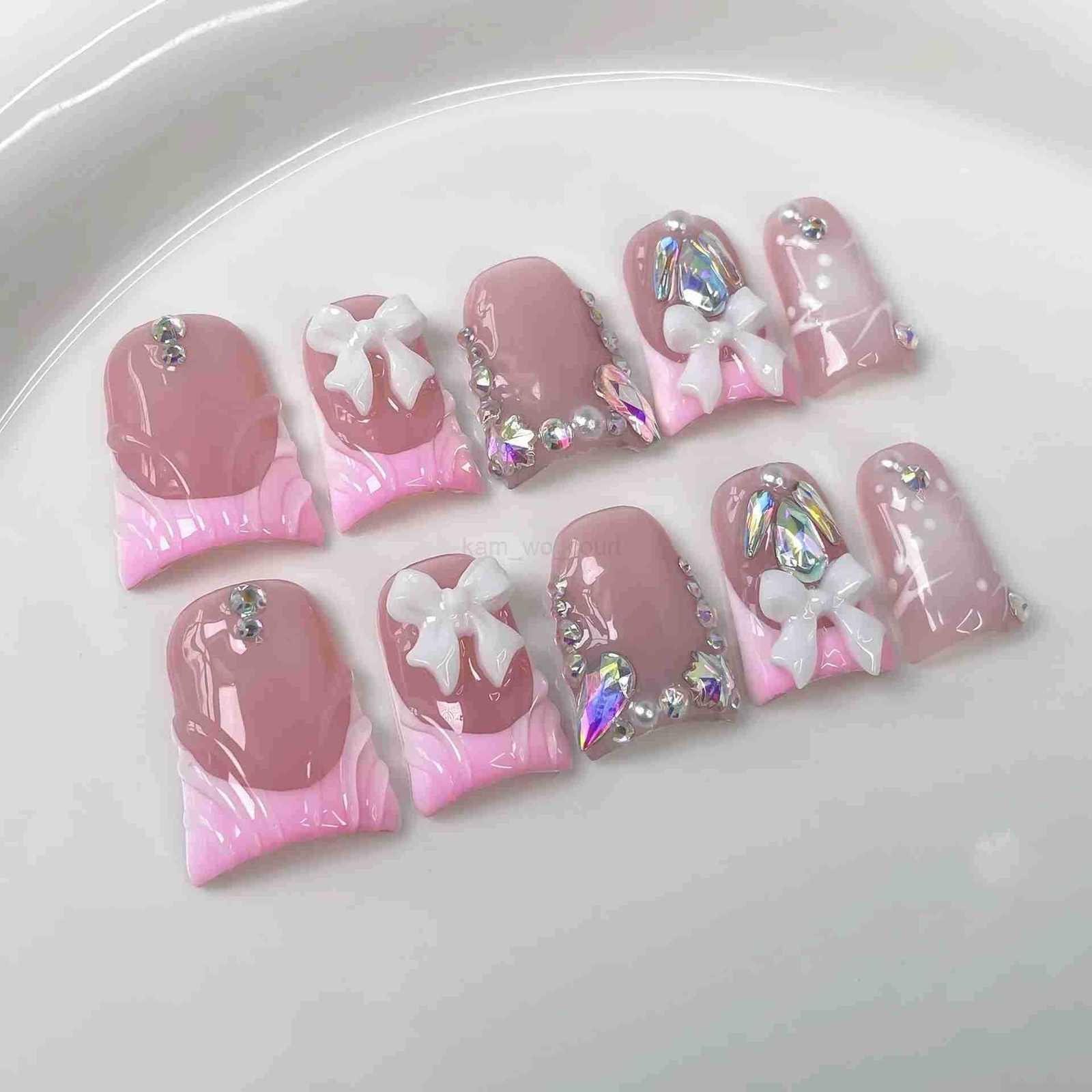 10pcs Sweet White Bowknots Press On Nails Pink French Style Glitter Diamond Pearl Decor Handmade False Nails Blush Duckbill Nails M250807