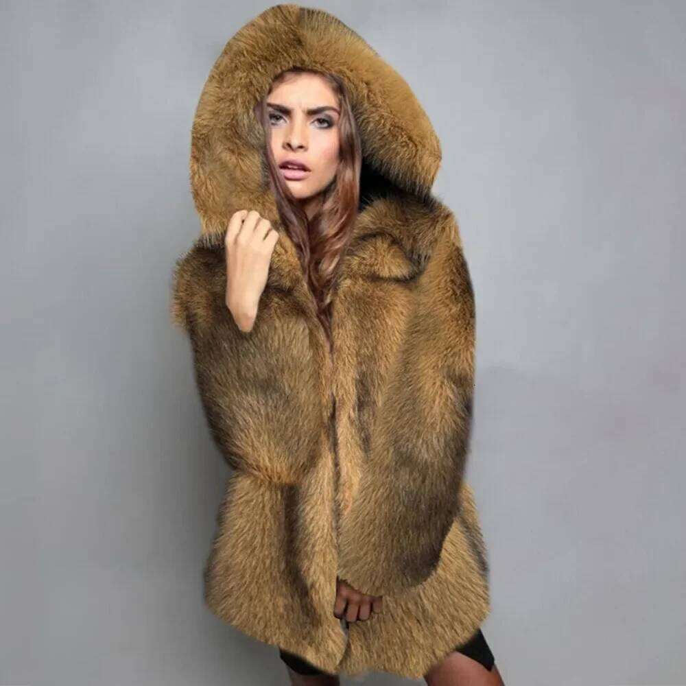 Coat Women Clothing Trend Fluffy Hooded Fur Zipper Long Sleeve Design Chic Faux Fox Jacket Warm Outerwear