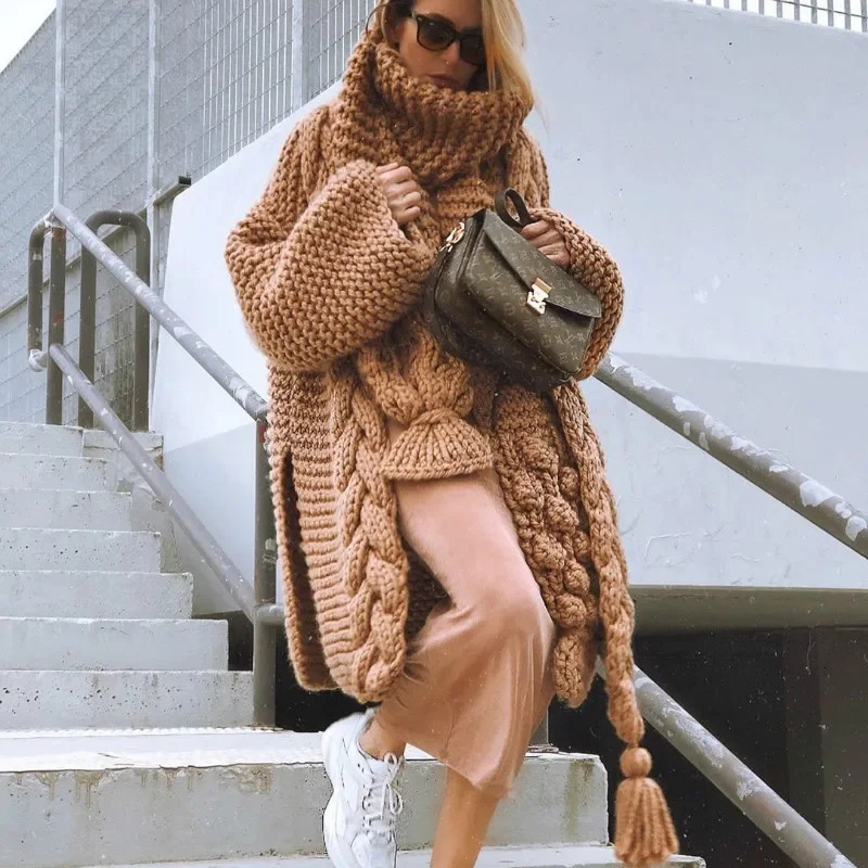 Hand-woven Split Wild Tassels Hook Twist Sweater Coat Crocheted Cardigan Autumn and Winter Thick Long Lantern Sleeve Crop Tops 250804