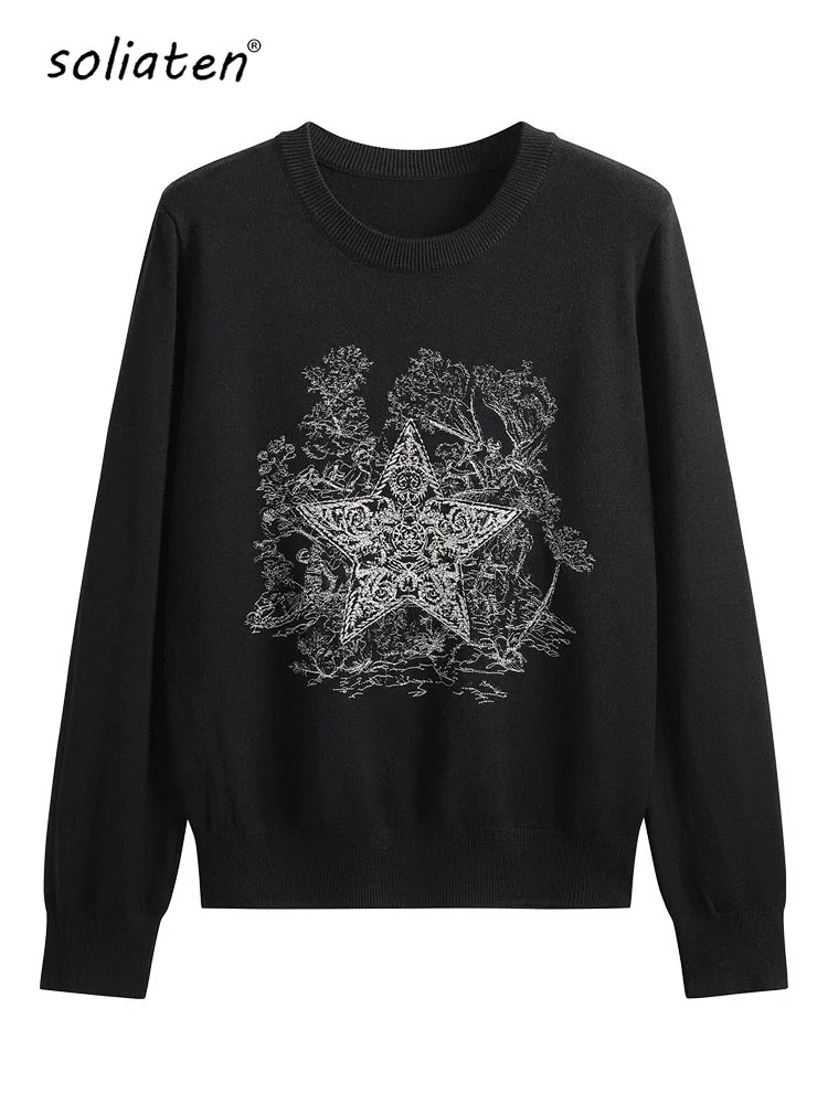 High Quality Womens Knitted Sweater Round Neck Star Embroidery Knit Pullover Korean Fashion Long Sleeve Casual Jumper C-016 250801