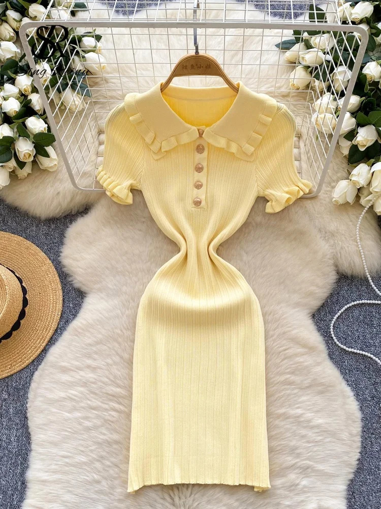 SINGREINY American Retro Knit Bodycon Sundress Women Lapel Neck Short Sleeve Elastic Ruffles Sheath Striped sweet Dress 250807